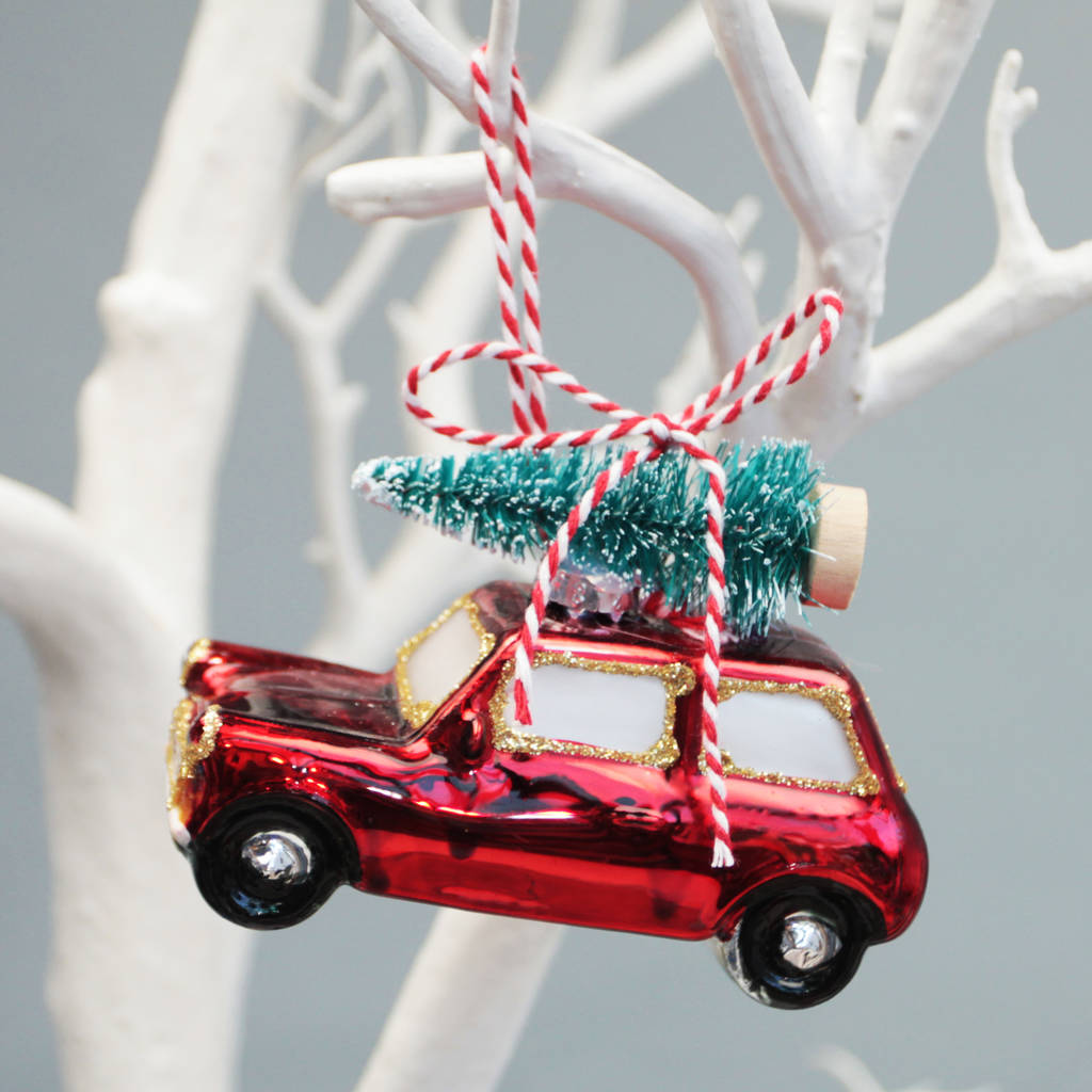Red Retro Car And Tree Christmas Tree Decoration By Postbox Party