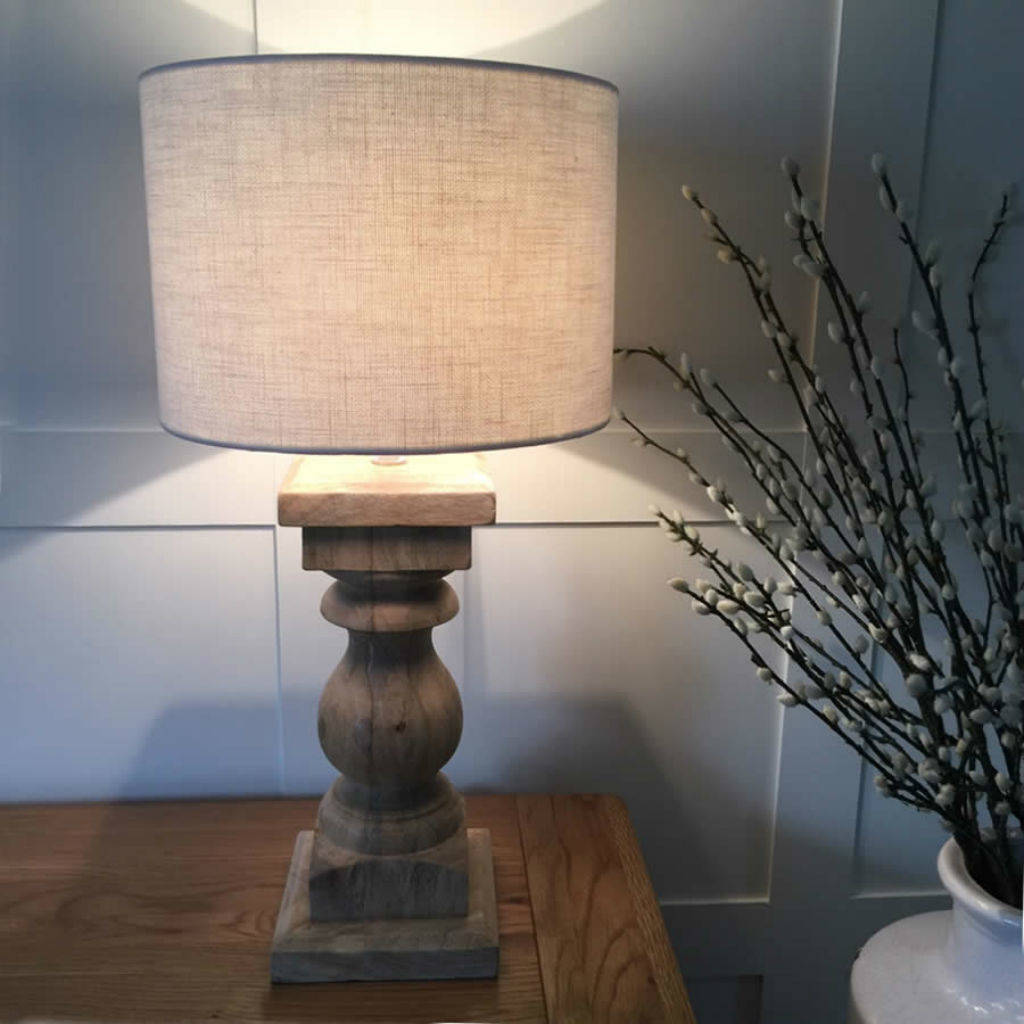 Natural Wood Table Lamp And Natural Drum Woven Shade By Cowshed