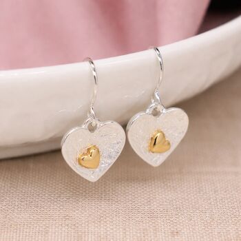 Silver And Gold Plated Double Heart Drop Earrings – 10mm, 5 of 7