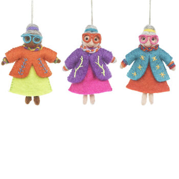 Handmade Felt Groovy Grannies Hanging Decoration, 2 of 10
