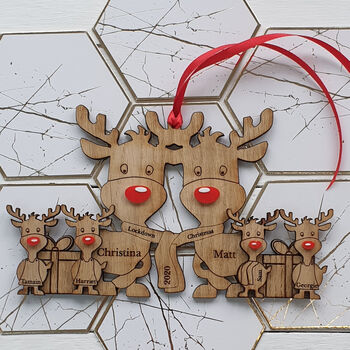Double Sided Oak Reindeer Family Of Six Decoration, 2 of 9
