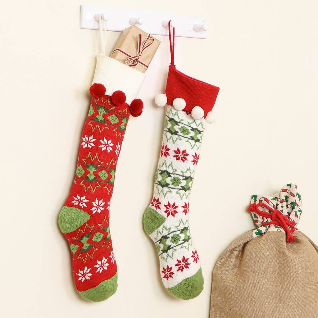 set of two personalised red knit christmas stockings by dibor