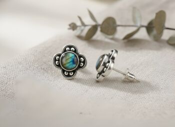 Oxidised Silver Labradorite Clover Stud Earrings, 2 of 3