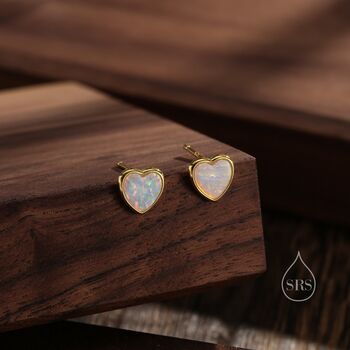 Sterling Silver Lab Opal Heart Stud Earrings, 3 of 12