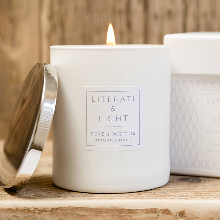 'seven woods' vetiver moss luxury soy candle by literati & light