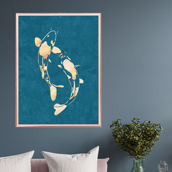 Blue Gold Koi Fish Wall Art Original Artwork Print, 3 of 4