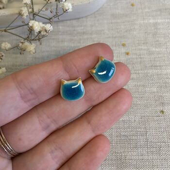 Turquoise Cat Stud Ceramic Earrings, 6 of 8