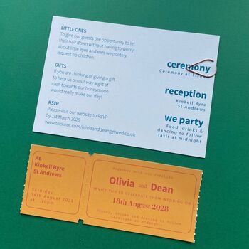 Colourful, Fun Ticket Style Alternative Wedding Invitation, 4 of 5