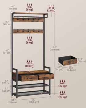 Hall Tree With Bench, Coat Rack And Shoe Storage, 6 of 7