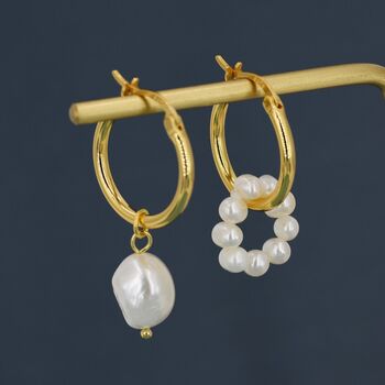 Mismatched Detachable Pearl Dangle Hoop Earrings In Sterling Silver, 4 of 11