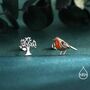 Mismatched Robin Bird And Tree Stud Earrings In Sterling Silver, thumbnail 1 of 12