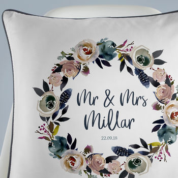 Watercolour Floral Personalised Wedding Cushion, 2 of 2