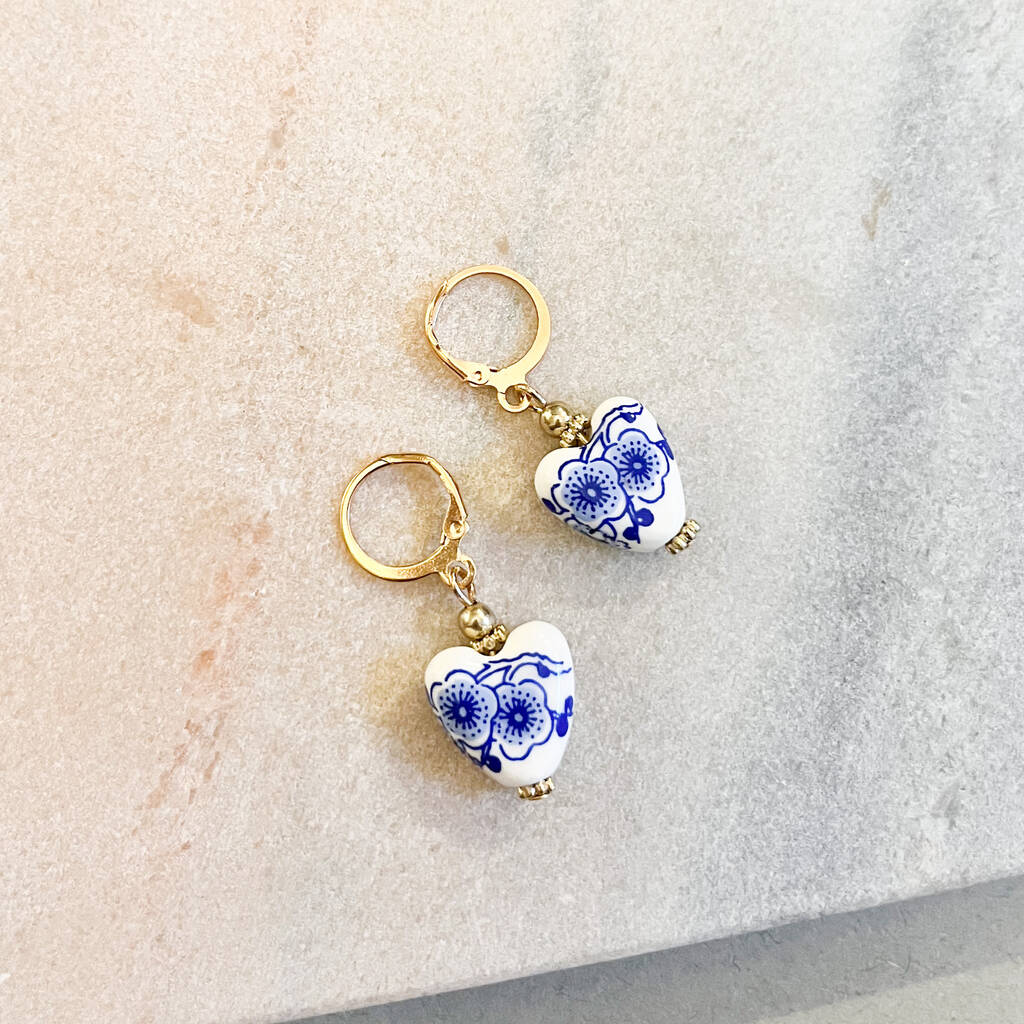 Romantic Delft Blue Heart Bead Huggie Earrings, 1 of 1