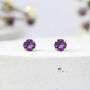 Solid 9ct Yellow Gold February Amethyst Birthstone Stud Earrings, thumbnail 3 of 9