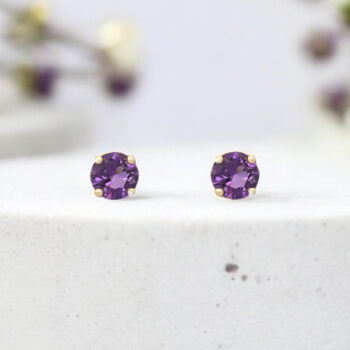 Solid 9ct Yellow Gold February Amethyst Birthstone Stud Earrings, 3 of 10