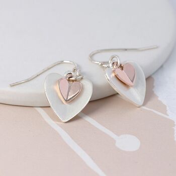 Silver And Rose Gold Plated Folded Hearts Earrings, 2 of 2