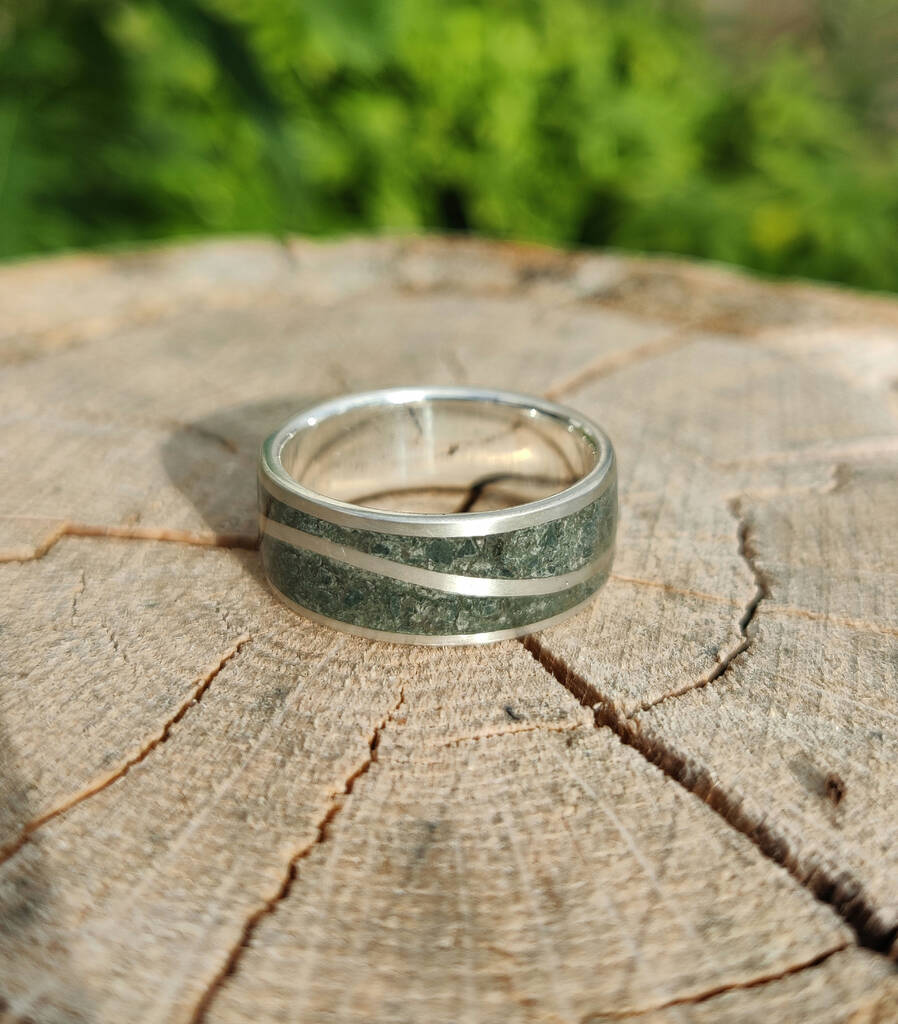 Silver Ring, Westmorland Green Slate, Silver Wave Inlay, 1 of 7