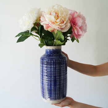 Tall Blue And White Criss Cross Decorative Vase, 2 of 5