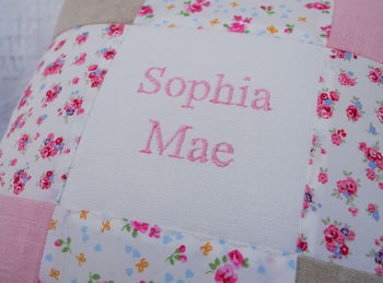 Ditsy Pink Patchwork Name Cushion, 3 of 4