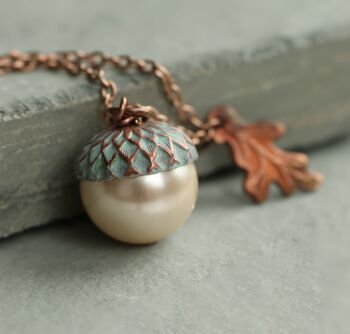 Verdigris Pearl Acorn Necklace, 5 of 11