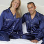 Personalised Matching Couples Christmas Navy Satin Pyjamas, thumbnail 2 of 5