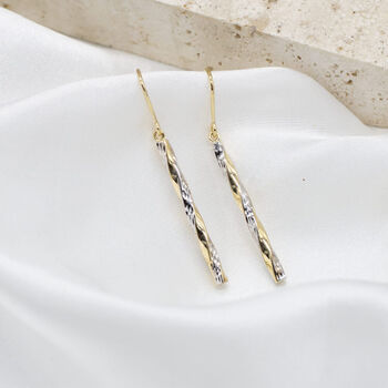 9ct Two Colour Gold Twist Diamond Cut Pole Drop Earrings, 3 of 5