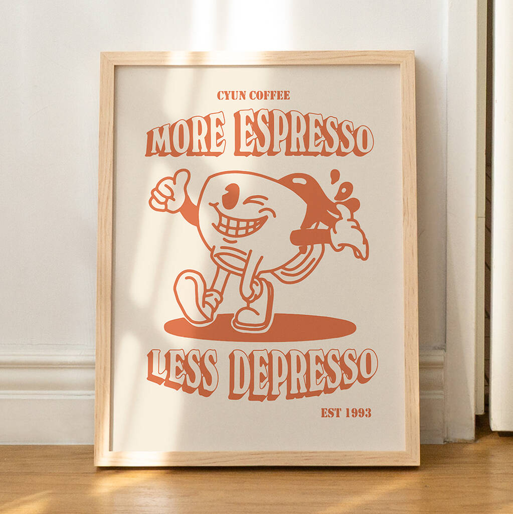 'More Espresso Less Depresso' Retro Coffee Art Print, 1 of 12