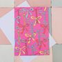 Merry Christmas Colourful Bows Card – Pink, Yellow, Red And Blue – Square – Blank Inside, thumbnail 1 of 4