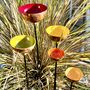 Set Of Five Copper Rain Catchers – Tangerine, Green, Red, Orange And Yellow Cups On Curved Iron Pole, thumbnail 3 of 6