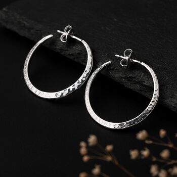 Large Sterling Silver Hammered Hoop Earrings, 4 of 10