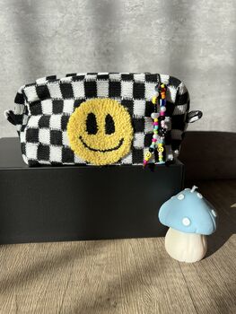 Checkered Punch Needle Smiley Make Up Bag, 4 of 7