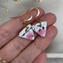 Ceramic Triangle Earrings Pink White And Black Speckled Dangle Earrings With Gold Hooks, thumbnail 2 of 11
