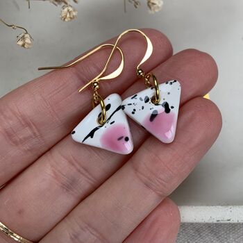 Ceramic Triangle Earrings Pink White And Black Speckled Dangle Earrings With Gold Hooks, 2 of 11