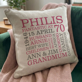 Personalised 70th Birthday Word Art Cushion, 6 of 9