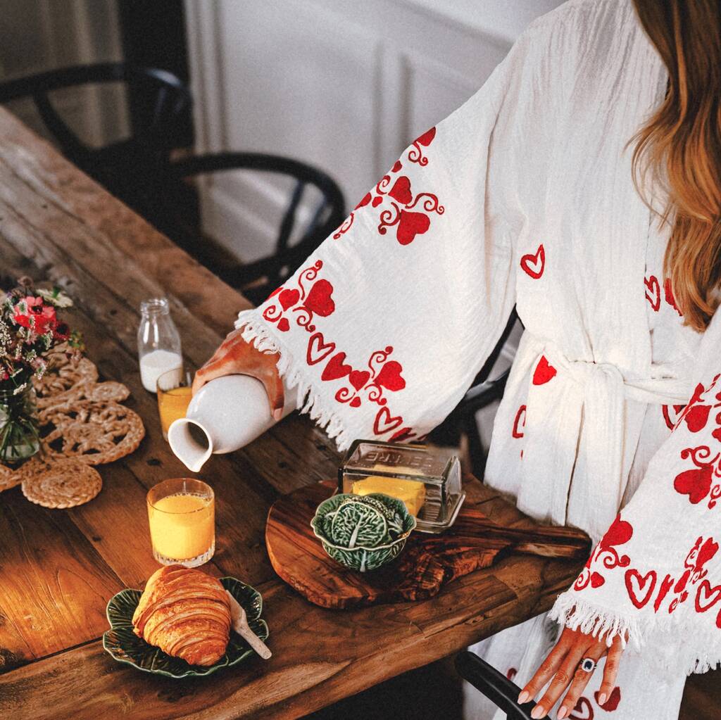 Long Organic Cotton Robe: White With Hearts, 1 of 3