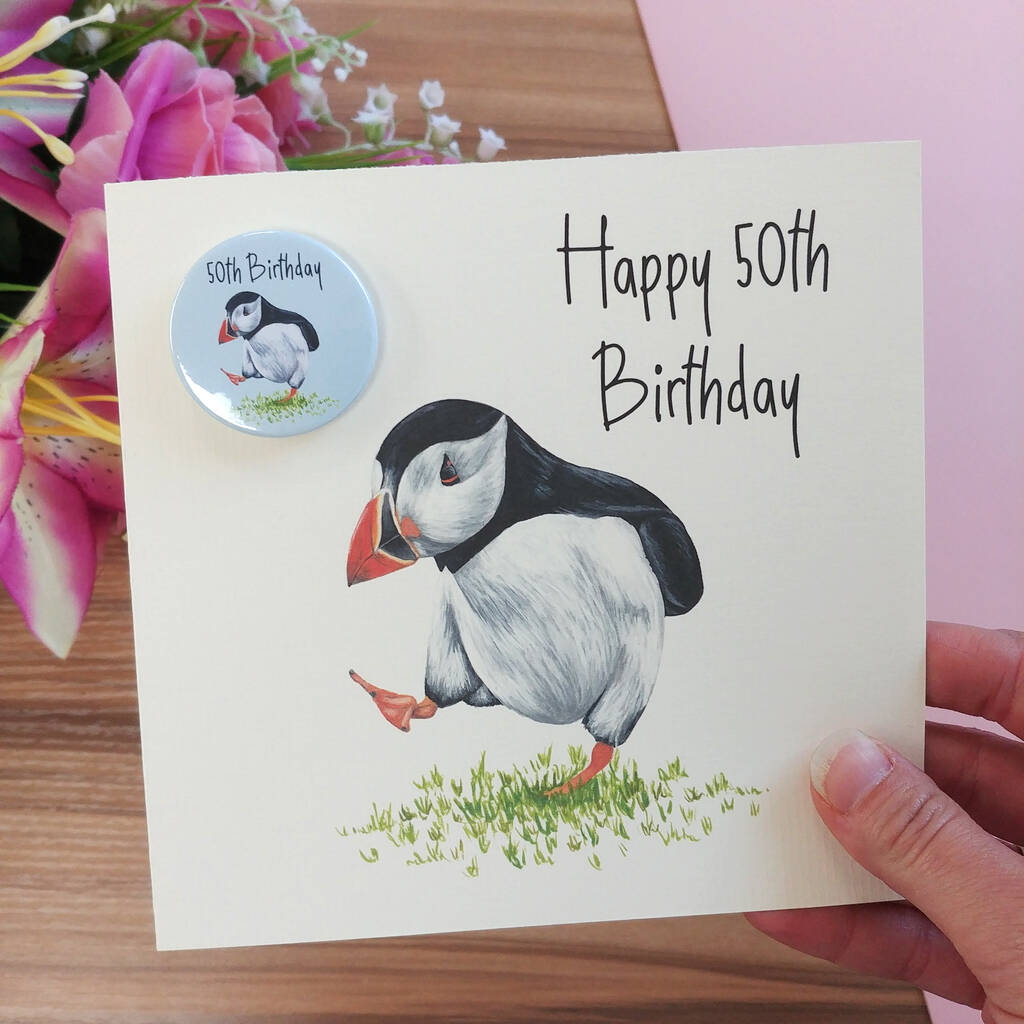 Dancing Puffin Birthday Card With Badge By Laura Stanley Designs