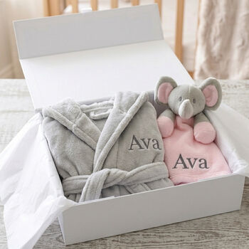 Personalised Grey Baby Gown And Pink Elephant Comforter Set, 2 of 12