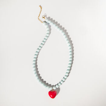 Powder Blue Bead Necklace With Red Heart, 6 of 8