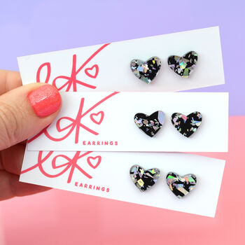 Laser Cut Disco Fleck Love Heart Earrings Studs, 4 of 9