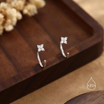 Cz Hydrangea Flower Huggie Hoop Earrings In Sterling Silver, 6 of 12