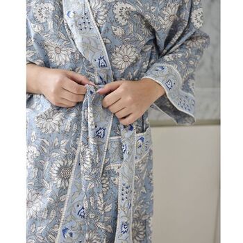 Block Printed Blue Cornflower Cotton Dressing Gown, 2 of 4