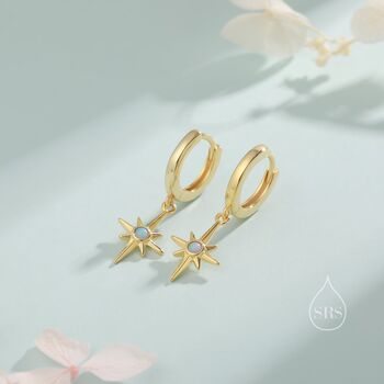Sterling Silver Opal Starburst Huggie Hoop Earrings, 7 of 10