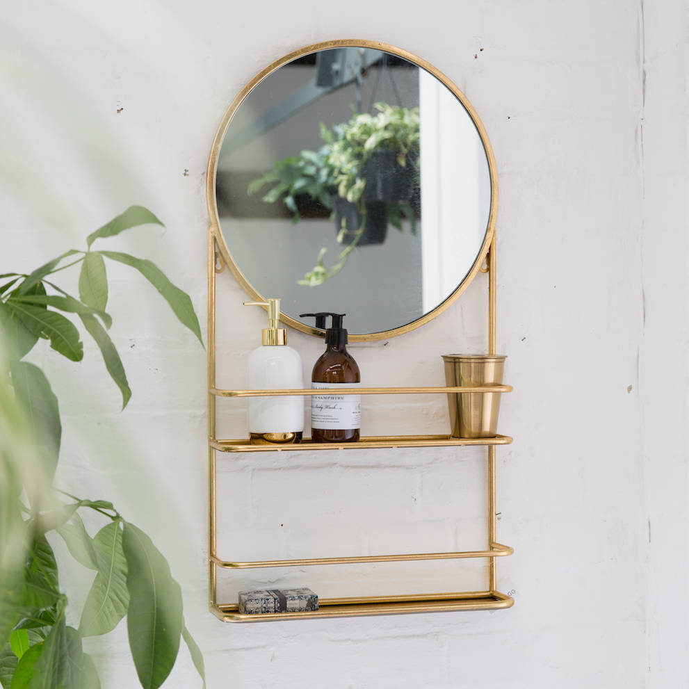 Gold Or Silver Circular Bathroom Mirror With Shelves, 1 of 2
