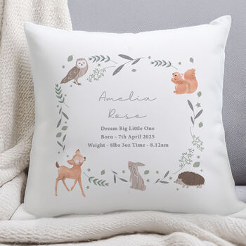 Personalised Woodland Animals New Baby Cushion, 2 of 3
