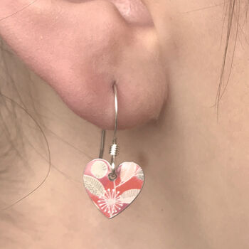 Coral Colour Small Leaf Print Heart Earrings, 4 of 4