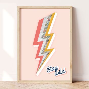 Stay Wild Floral Glitter Lightning Bolt Art Print, 3 of 4
