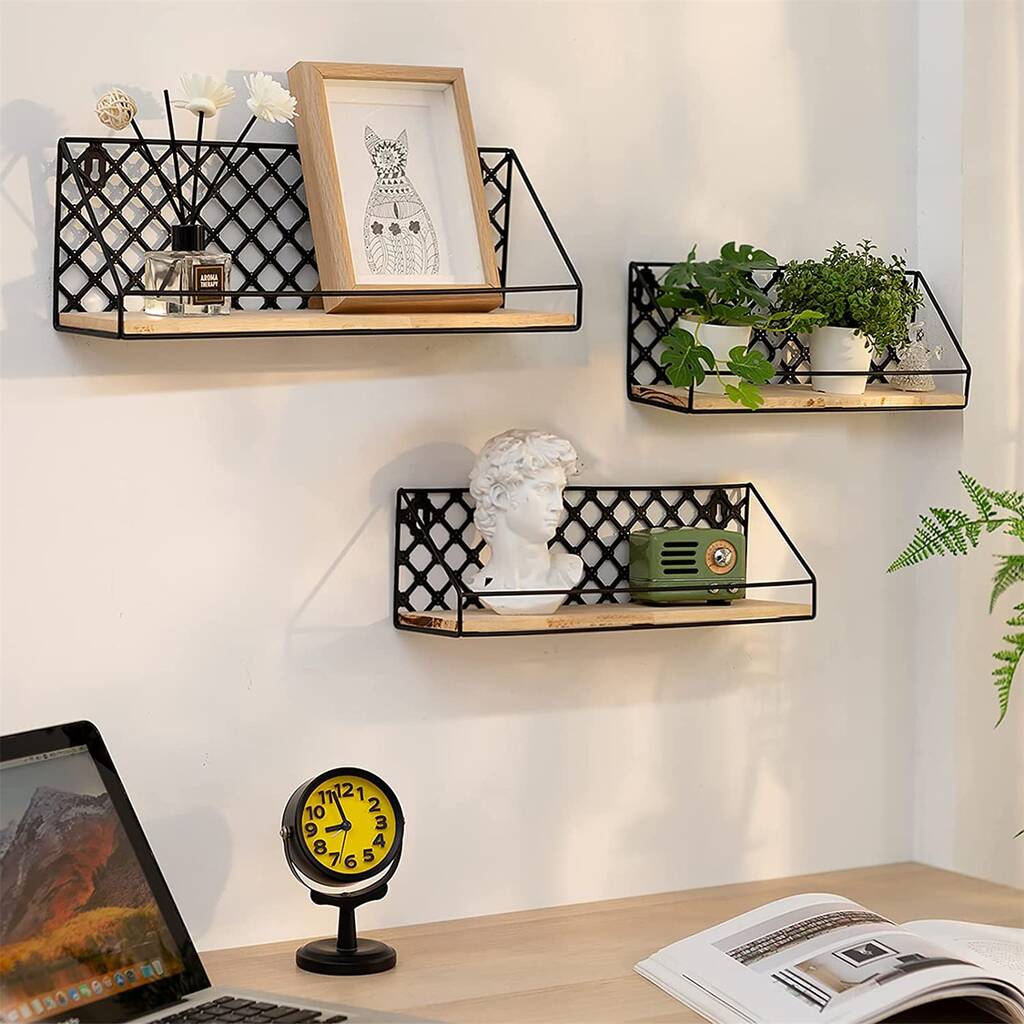 Set Of Three Wall Hanging Floating Metal Wood Shelf By Momentum