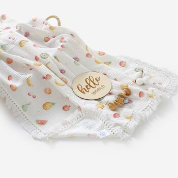 Fruit Organic Cotton Muslin Tassel Baby Blanket, 3 of 3