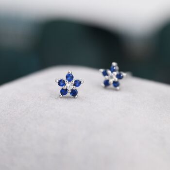 Sapphire Blue Forget Me Not Flower Cz Stud Earrings, 3 of 9