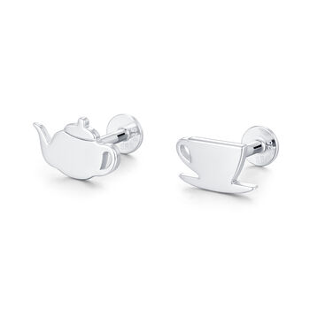 Sterling Silver Teapot And Teacup 16 G Mismatched Flat Back Labret Earrings, 5 of 12